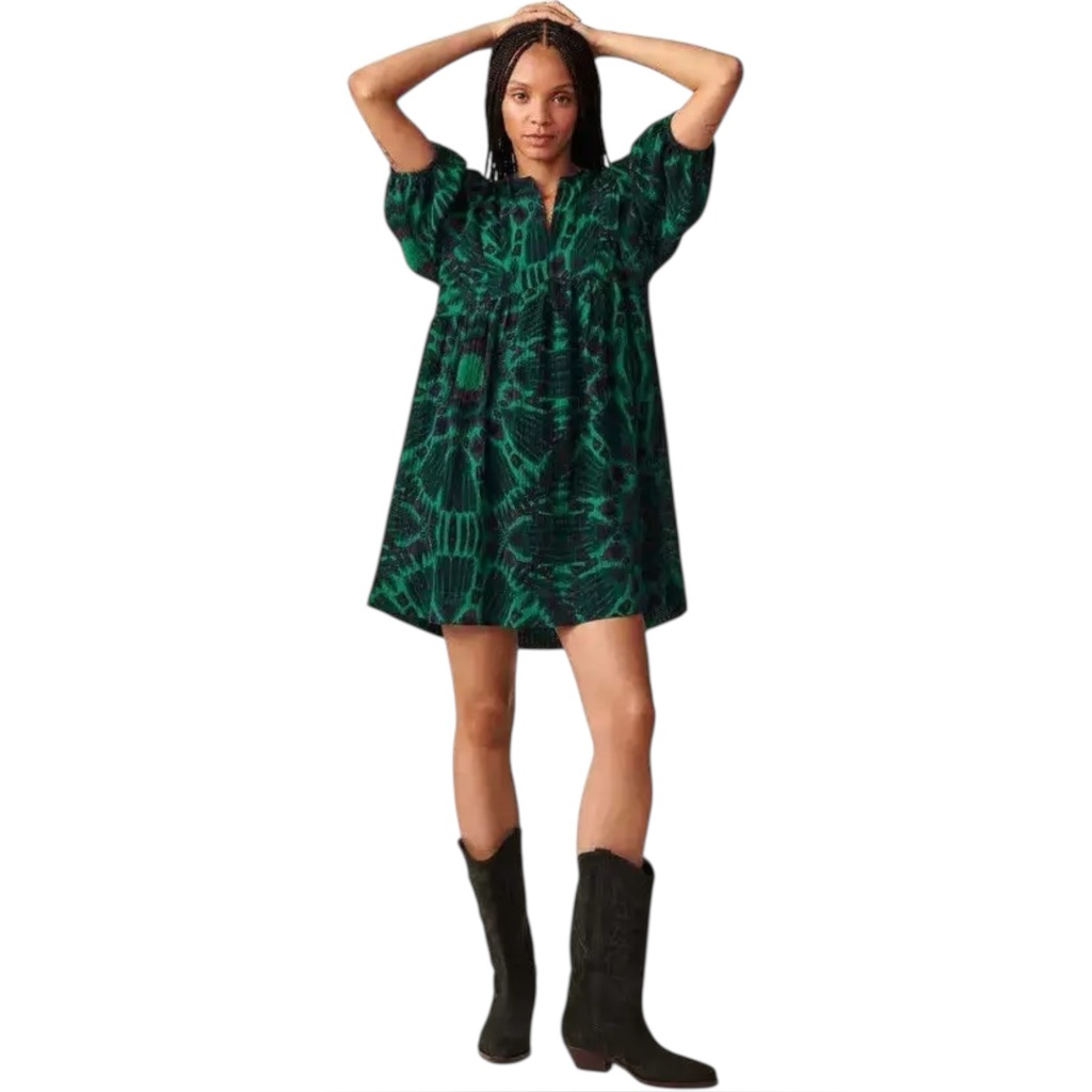 Ba&Sh Cleo Green Abstract Ikat Printed Flowy Mini Dress Size Small Boho Chic